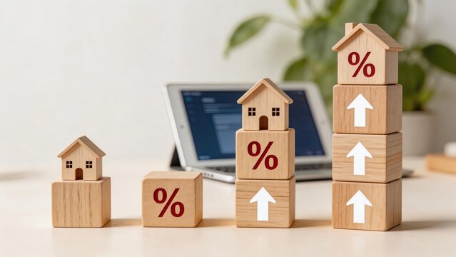 Rising property market trends percentage signs and upward arrows on wooden house blocks representing real estate investment growth mortgage interest rates increase housing prices
