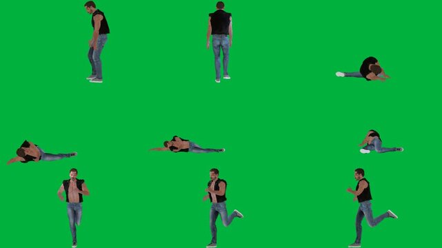 A man in black shirt and jeans is walking on green screen و group of people dancing person doing trick t - woman animated chromakey background scene cartoonish layers creative emotion