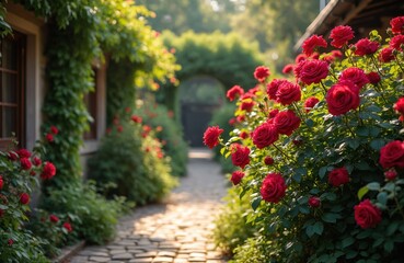 Fototapeta premium Red roses bloom beside stone path in sunny garden. Green ivy climbs building. Gentle light illuminates romantic floral walkway in summer. Peaceful outdoor nature scene.