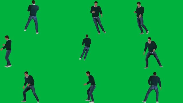 A man in black shirt is dancing on green screen و animated chromakey background motion frame cartoonish colorful layers depth movement figure style creative illustration design backgrounds