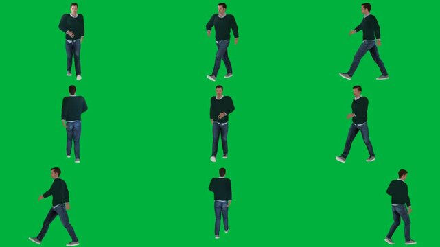 A man in black shirt is walking on green screen و animated chromakey background backgrounds depth cartoonish layers colorful motion style composition gesture scene elements emotion