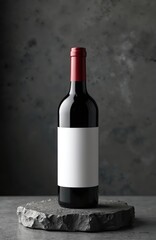 Fototapeta premium Minimalist red wine bottle with blank white label rests on rough stone. Dark textured background highlights clean design for branding mockups and product presentations.