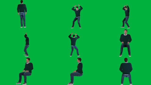 A group of people standing in line on green screen و man black shirt is dancing suit row animated chromakey background expression gesture design layers colorful motion backgrounds elements