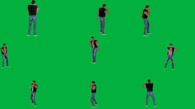 A group of people walking on green screen و man in jeans and t - shirt is dancing standing line black animated chromakey background elements illustration motion scene movement emotion
