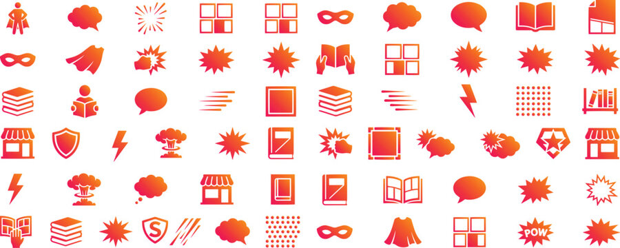Superhero Comic Icons Set with Action Burst Speech Bubbles Reading Books Cape Mask Symbols Cartoon Pop Art Vector Collection Design Pack