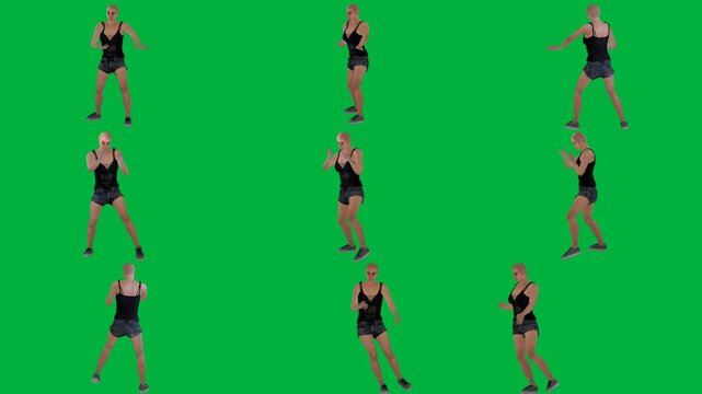 A woman in black top is dancing on green screen و swimsuits and shorts dress animated chromakey background cartoonish expression depth figure backgrounds motion scene colorful movement