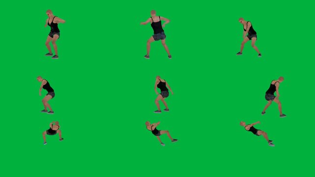 A woman in black shorts is dancing on green screen و tank top and group of dancers women doing yoga poses dress animated chromakey background motion creative emotion scene illustration