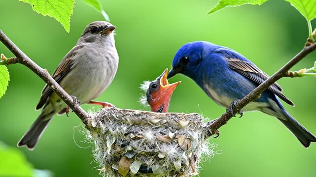 Birds feeding chicks in nest on branch cinematic motion stock footage