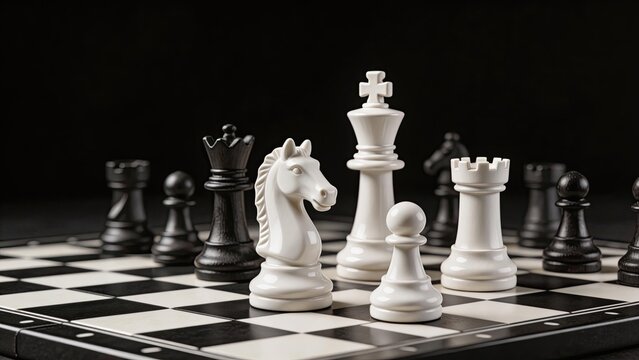 Business chess strategy leadership conflict competition game concept white and black pieces checkmate situation focus on knight piece high angle view shallow depth of field