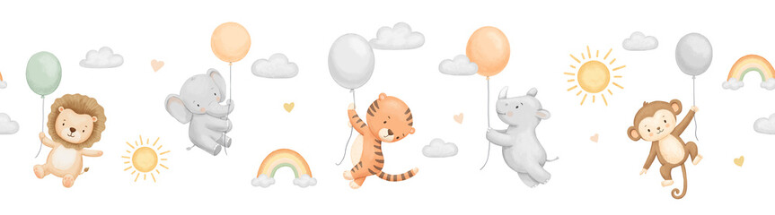 Seamless border with african happy cartoon animals with balloons on isolated background, repeating cute childish watercolour painting © Elena