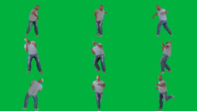 A man in jeans and white shirt is dancing on green screen و t - animated chromakey background gesture layers cartoonish expression frame depth figure colorful creative scene backgrounds