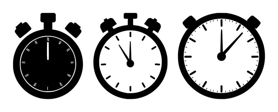 Productivity stopwatch set with solid black icon on white backdrop featuring stopwatch, timer, productivity with minimalist and monocolor