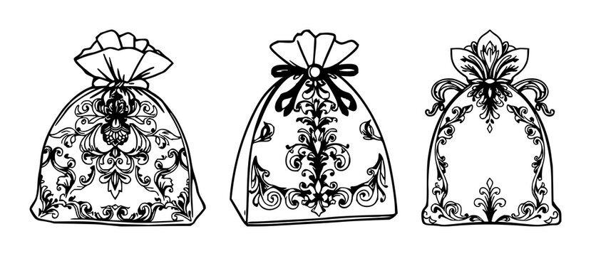 Bag set with intricate black line art design featuring silver bag, ornate patterns, decorative details with ornamentation and lacework