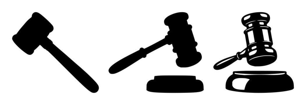 Legal gavel icon set with solid black color and white background featuring justice, law, judgment with court and auction symbols