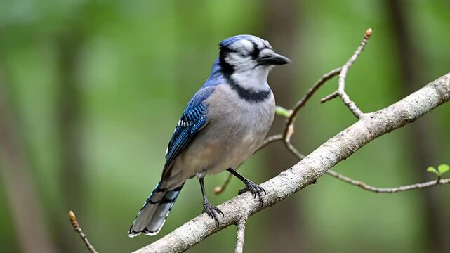 Blue Jay Perched on Branch Head Turning Natural Forest Background
