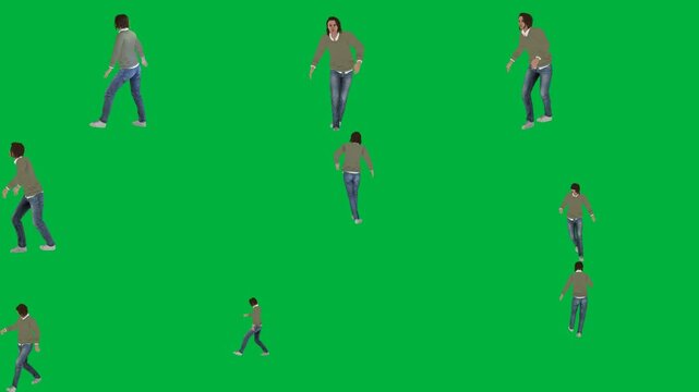 A group of people dancing on green screen و man is walking across in jeans and t - shirt animated chromakey background movement motion design backgrounds cartoonish emotion figure illustration