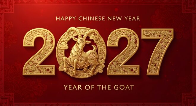 Chinese new year 2027 year of the goat celebration and traditions, 2027 HAPPY CHINESE NEW YEAR - YEAR OF THE GOAT in gold lettering ON RED BACKGROUND,