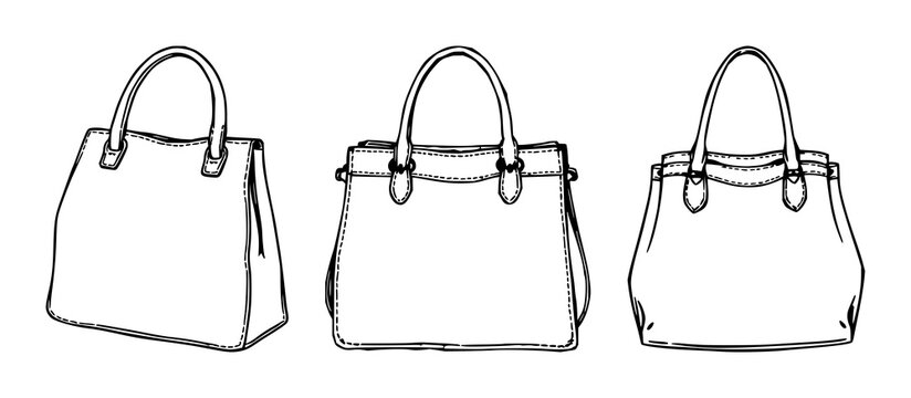 Vintage bag set with black line art on white background featuring retro silhouette, classic style, hand luggage with fashion and accessories
