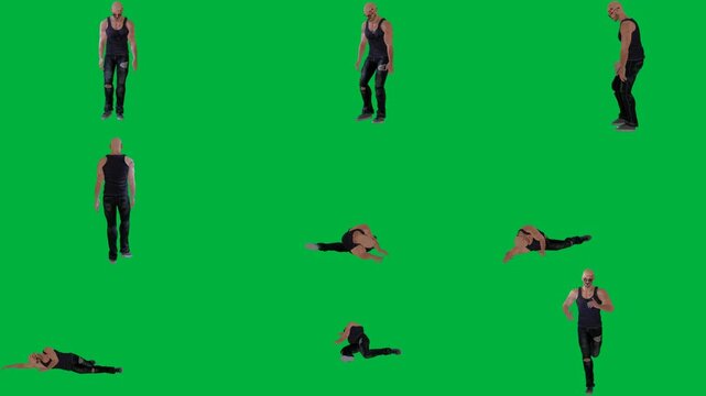 A group of people walking on green screen و are dancing doing yoga poses man in black shirt is tank top and pants standing animated chromakey background expression frame motion emotion