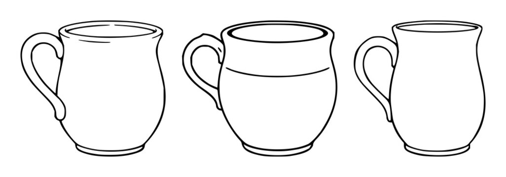 Pottery mug set with simple line art design featuring hand-thrown, ceramic, earthenware with thumb rest and handmade details