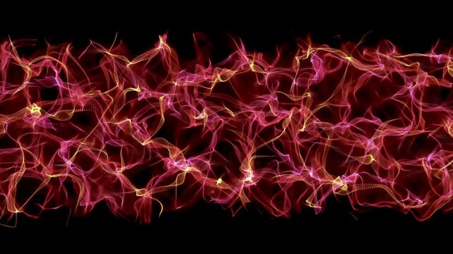 Abstract energy waves of pink and orange glowing particles flowing in a horizontal banner format against a dark background for cinematic motion graphics.