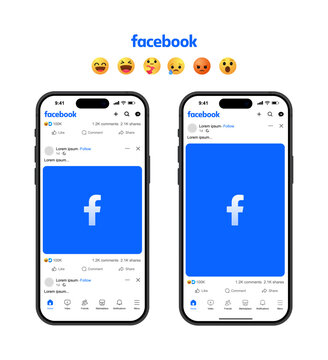 facebook post mockup social media template. like and love icon buttons and haha emoji smiley face, web post mock up frame . facebook notification icons, thumb up icon, favorite heart icon sticker