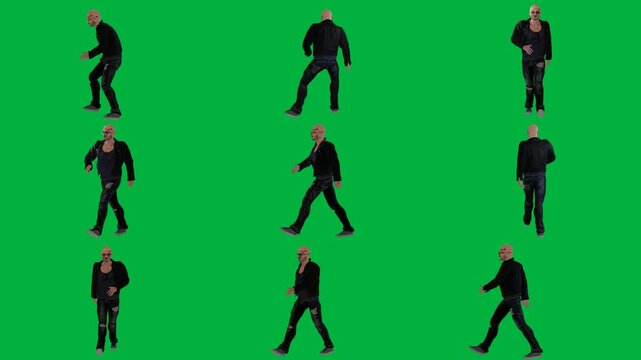 A man in suit is walking on green screen و dancing animated chromakey background style illustration depth scene colorful design cartoonish composition layers creative expression figure