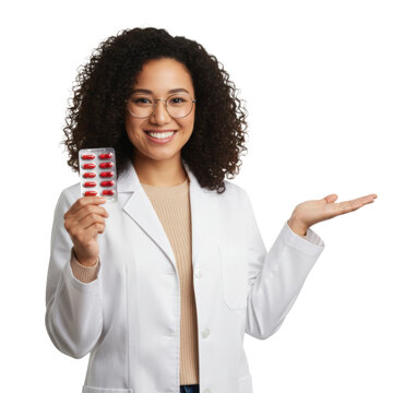 young adult asian woman with voluminous dark curly hair and thin-framed glasses, wearing a lab coat, smiling and presenting red capsules on a white background, medical advertisement concept