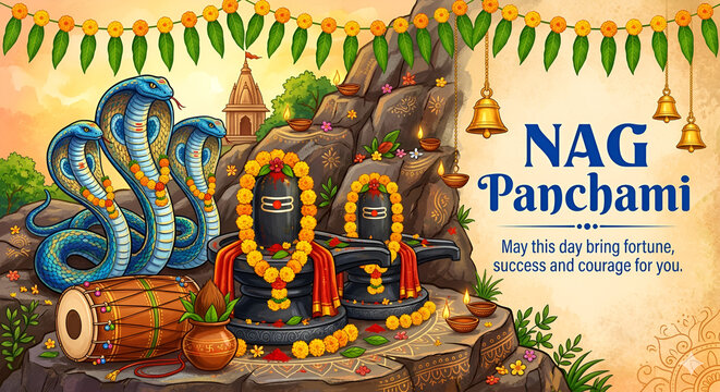 Nag Panchami Hindu festival background with Shiva lingam and cobras 