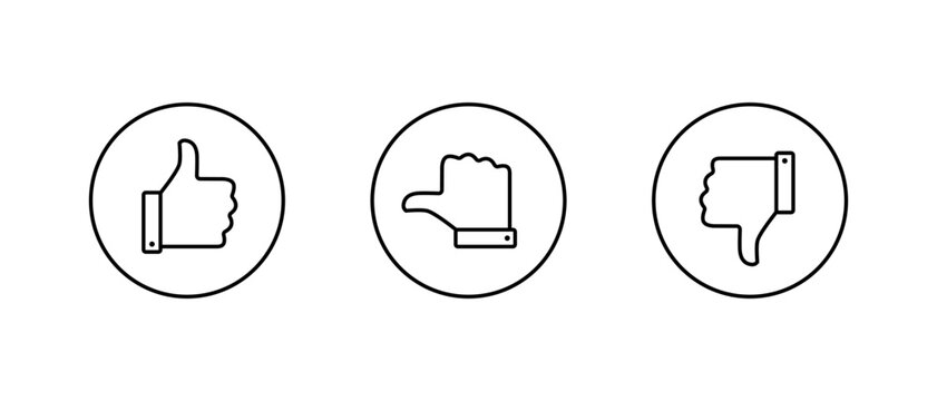 Thumbs up, sideways, and down outline icon in circular line. Like, neutral, and dislike symbol
