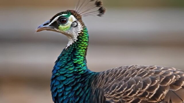 Peacock Bird Head Turns Slowly in Natural Outdoor Environment with Cinematic Motion