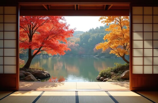 View of a serene lake through Japanese shoji screens. Bright red and orange maple trees frame the water. Calm scene shows autumn foliage. Peaceful mood.