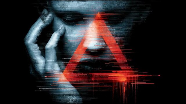 Warning Concept Face With Digital Scan Lines in Red; a Reflection on Technology and Human Interaction in a Dark Setting
