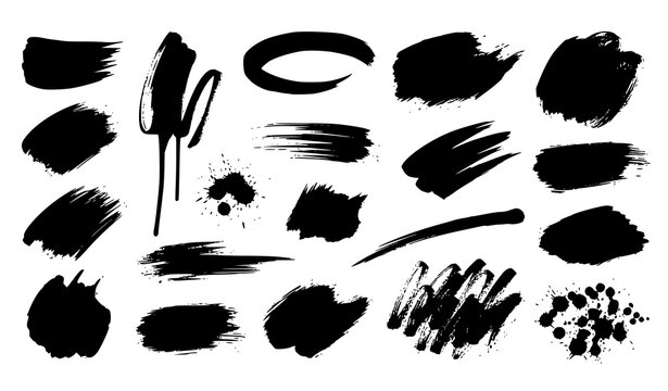 Expressive black ink brush strokes vector collection with grunge paint swashes and abstract textures