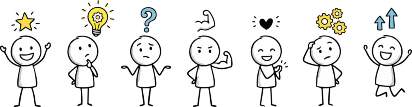 Stick Figure Characters Set with Success, Idea, Question, Strength, Love, Thinking and Growth Concept &mdash; Cute Doodle People Collection with Emotion and Motivation Symbols