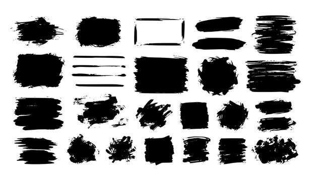 Black grunge ink brush stroke vector set with paint swashes frames and textured boxes collection