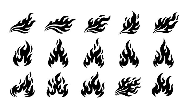 Dynamic flame effect silhouette vector set with abstract fire motion shapes and energy elements