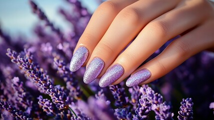 Fototapeta premium Elegant Hand with Glittering Trendy Nails Surrounded by Lush Purple Flowers for Seasonal Beauty