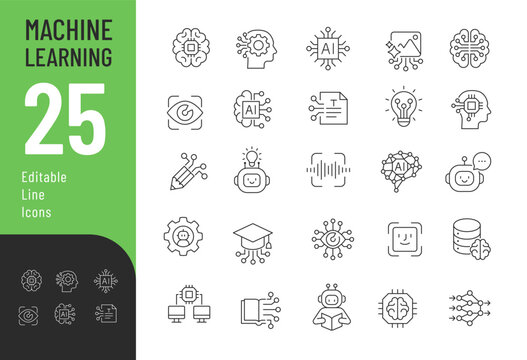 Machine Learning Line Editable Icons set. Vector illustration in a modern thin line style of technology related icons: artificial intelligence, chatbot, text recognition, and more. Isolated on backgr