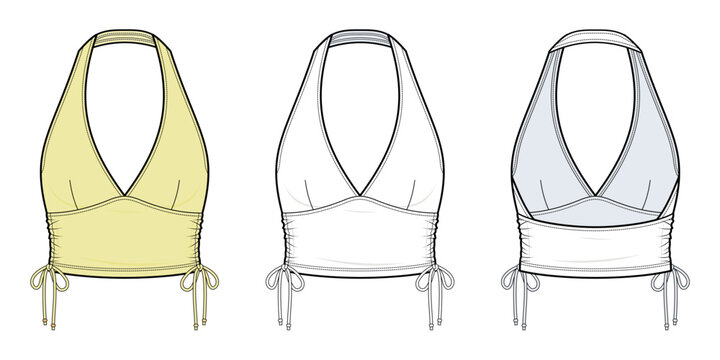 Halter Ruched Crop Top technical fashion illustration. halter neck top vector template. front view. deep v neckline. ruched bust. drawstring side tie. cropped fit. women&rsquo;s wear. CAD mockup.