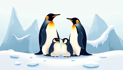 Obraz premium Emperor penguin family with two chicks stand on ice floes. Adults and young birds in icy landscape with snow mountains. Cute wild animals in polar region.