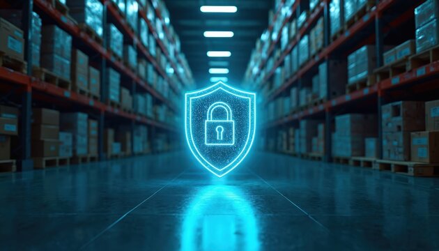 Digital shield with padlock icon protects goods in dark warehouse aisles. Abstract concept of industry security, data safety, and supply chain protection.