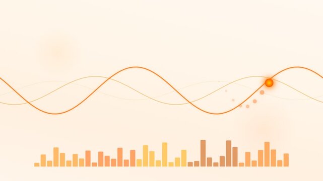 Sound waves trail follow: animated equalizer bars and sine wave visualization with glowing particle on warm abstract background