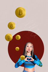Naklejka premium Image 3d zine vertical artwork collage of happy businesswoman businessman receive crypto coin bitcoin income profit capital