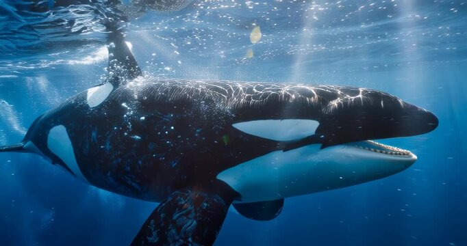 Close-up of an orca whale swimming underwater in the ocean.