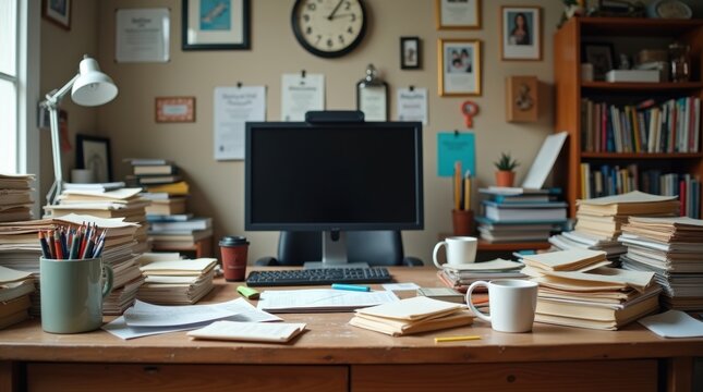 Escritorio de oficina con objetos colocados al azar y desorden visual, antes de la optimizaci&oacute;n