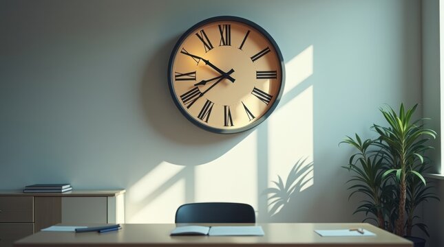 Un reloj antiguo con n&uacute;meros romanos cuelga en una pared blanca lisa en una oficina minimalista