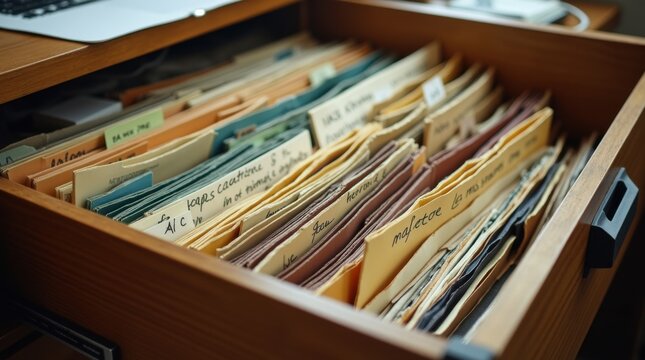 Caj&oacute;n abierto con carpetas desorganizadas y etiquetas mezcladas, almacenamiento ca&oacute;tico, antes de archivar