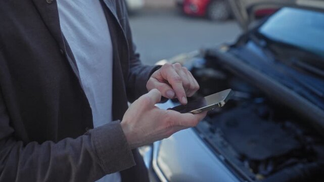 Man using smartphone with hands near open car hood and engine compartment on street; concern assistance.