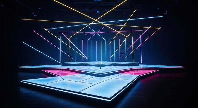 Futuristic Stage Design with Neon Lights and Geometric Shapes 2.